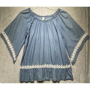 KC Khakis & Co Boho Peasant Top Size M Blue Denim Lace Bohemian